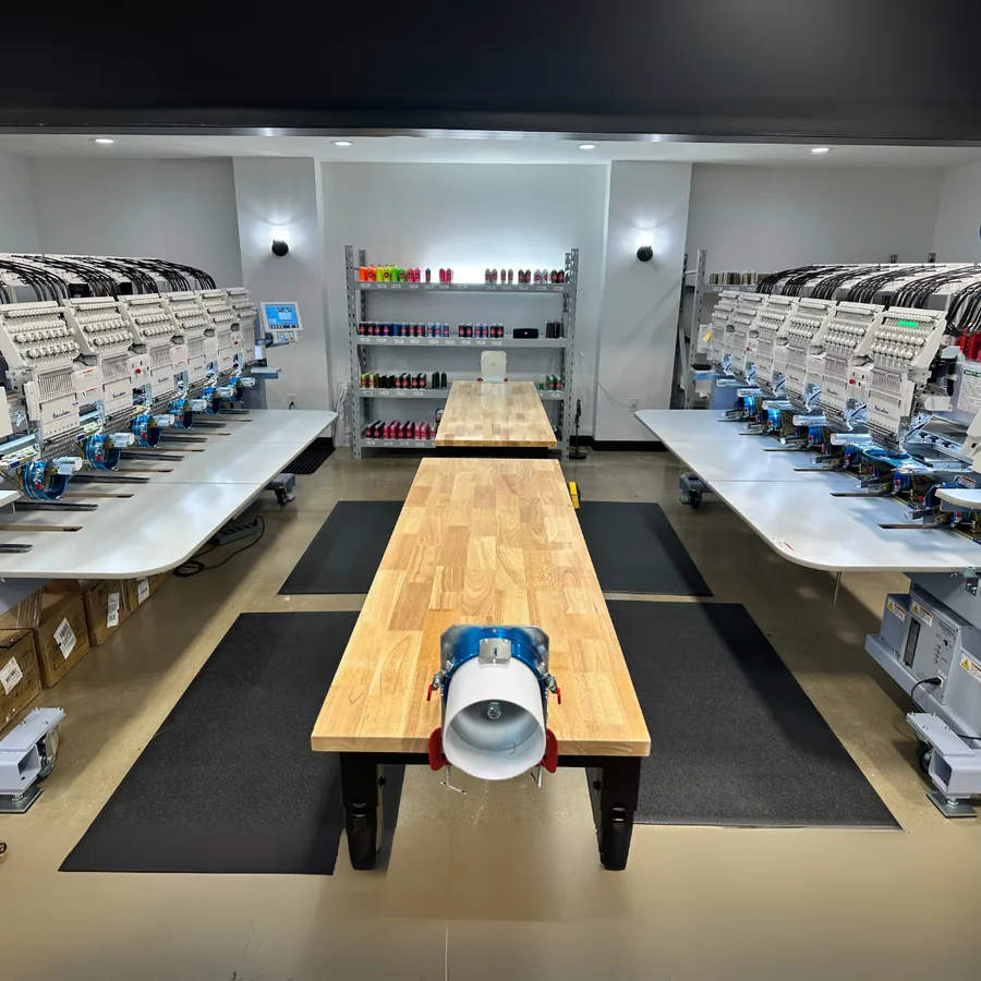 Rows of professionally embroidered hats