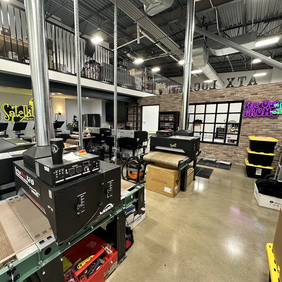Custom apparel printing inside the Satellite PrintLab Austin shop