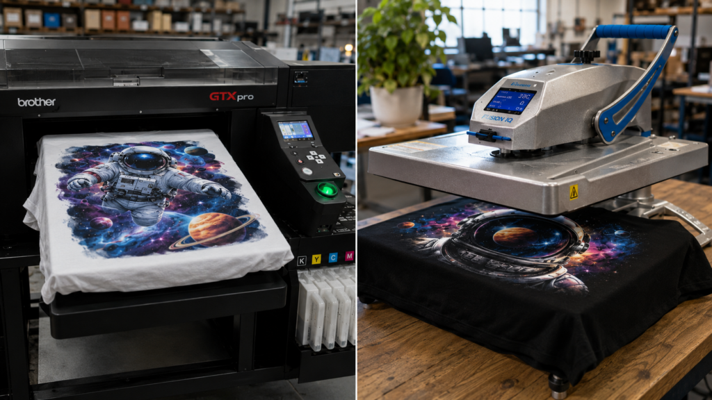 DTF and DTG custom T-shirt printing comparison at Satellite PrintLab