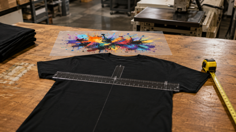 Print size and DTF transfer placement being measured on a custom T-shirt at Satellite PrintLab in Austin, Texas.