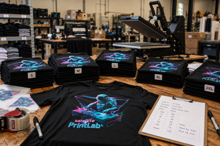 Custom event T-shirts being printed and sorted for an order at Satellite PrintLab in Austin, Texas.