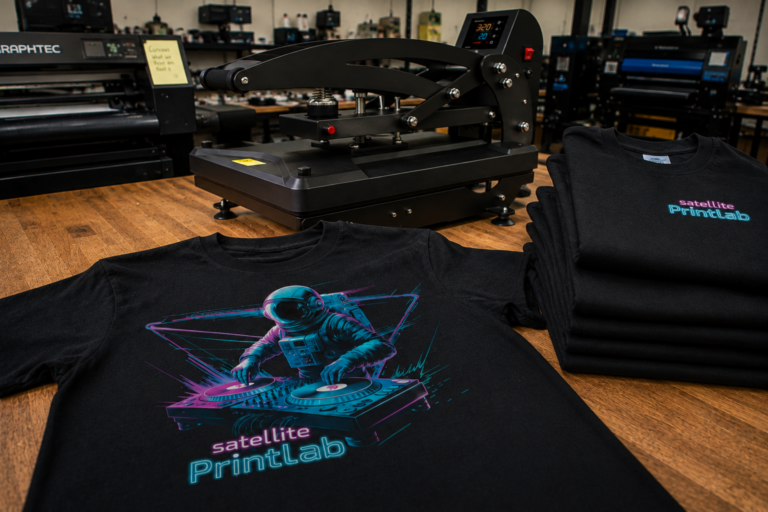 Freshly printed custom T-shirt being inspected at Satellite PrintLab in Austin, Texas.