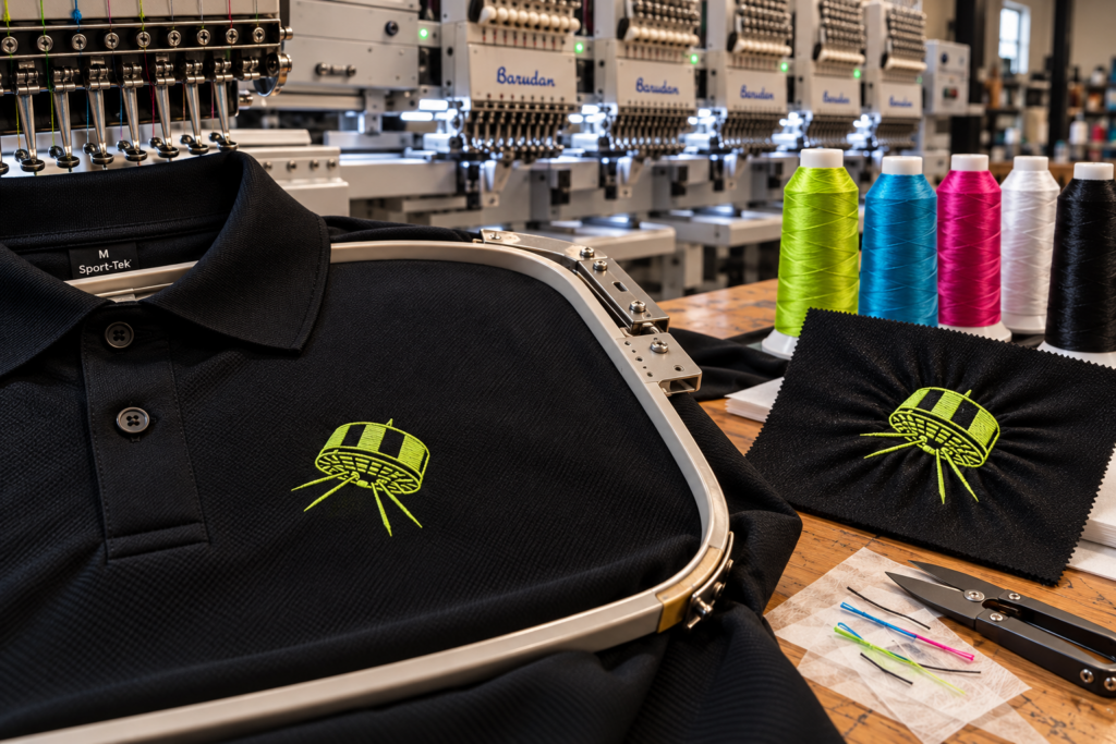 Black performance polo with neon green Satellite PrintLab UFO logo embroidery, beside a puckered embroidery sample and thread spools, with Barudan embroidery machines in the background at an Austin, Texas print shop.